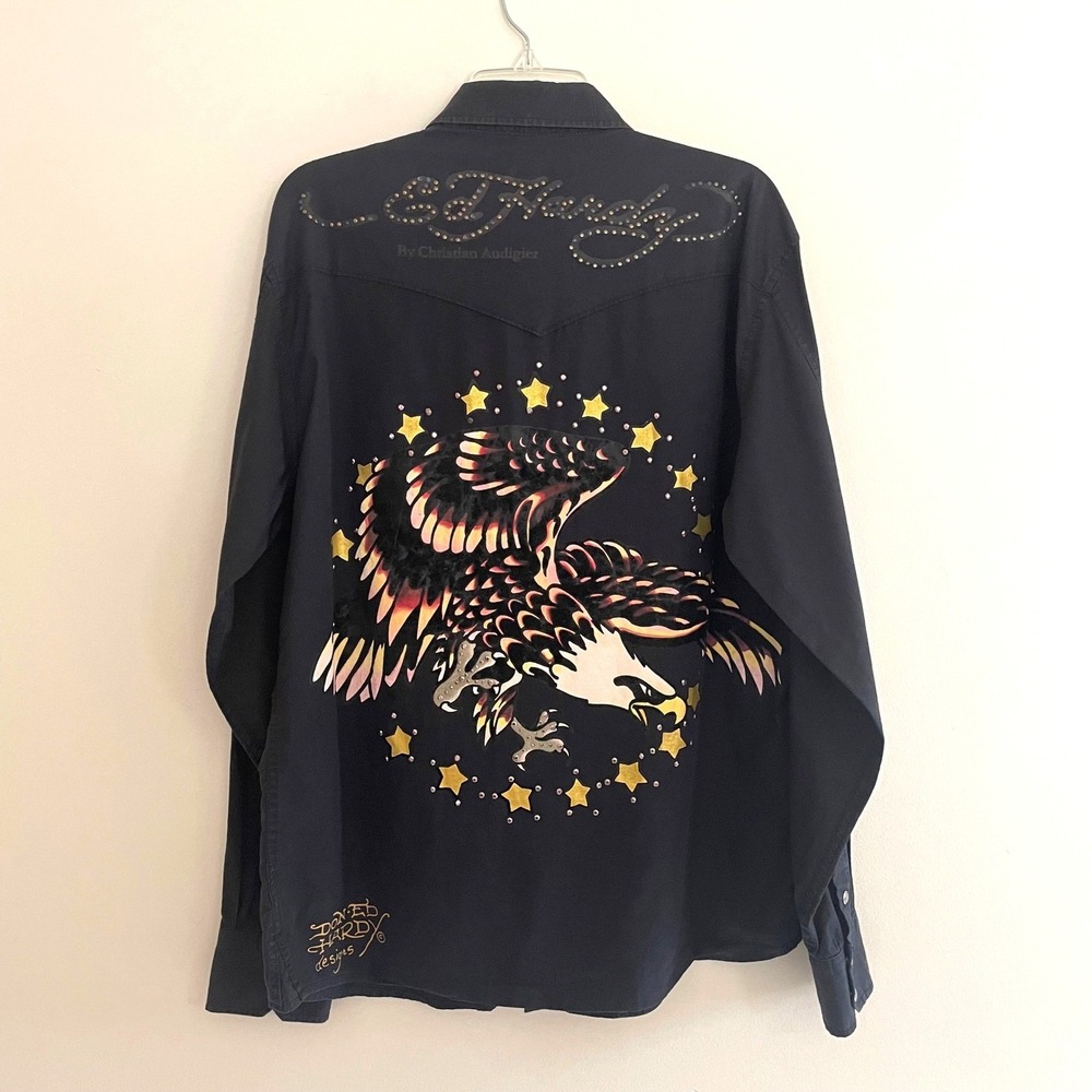 Ed‎ Hardy Y2K Mens XL Black Long Sleeve Button Down Shirt Eagle Graphic Western